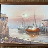 Painting signed Martin, vintage fishing boats 1970