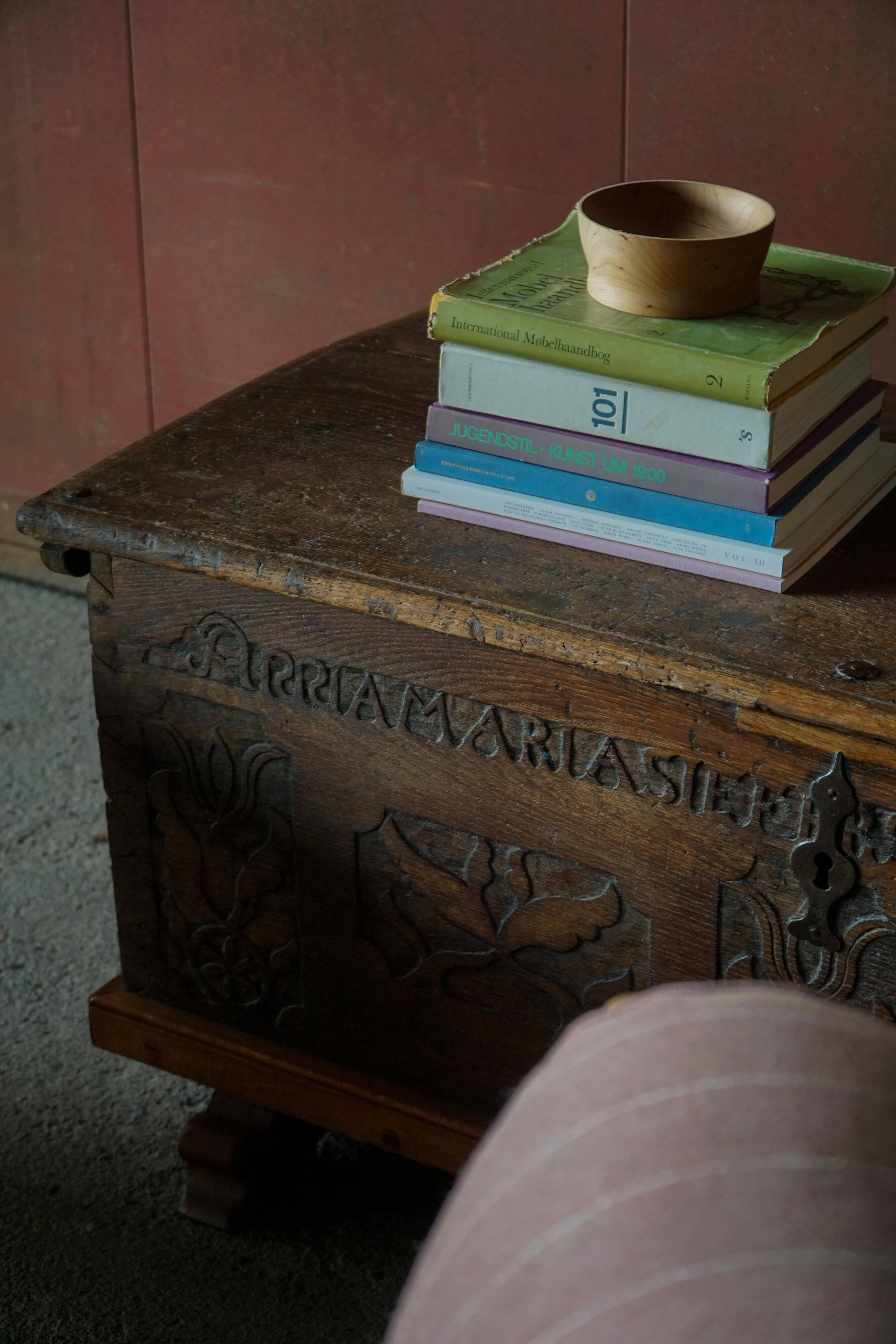 18th-century Scandinavian popular art oak chest with carved panels, dated 1764.