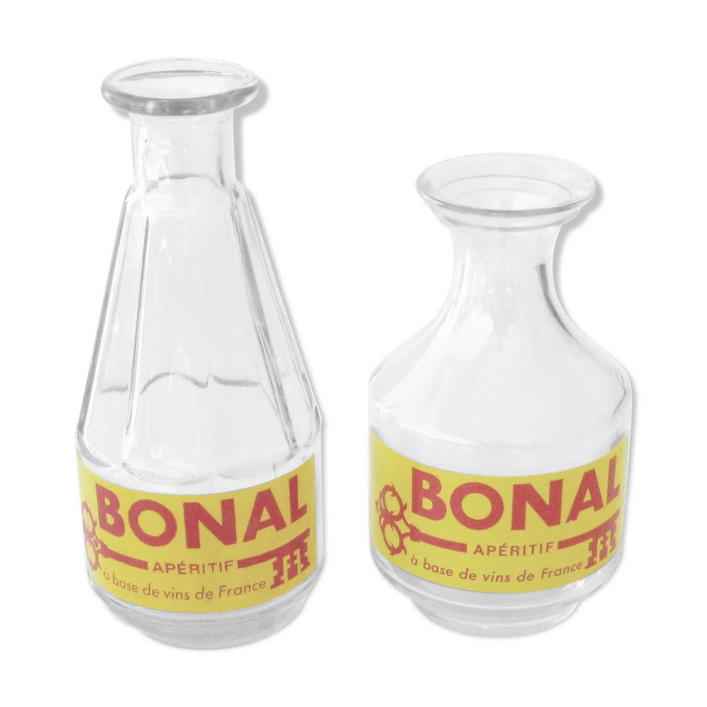 2 old glass decanters advertising bonal aperitif - bar bistrot
