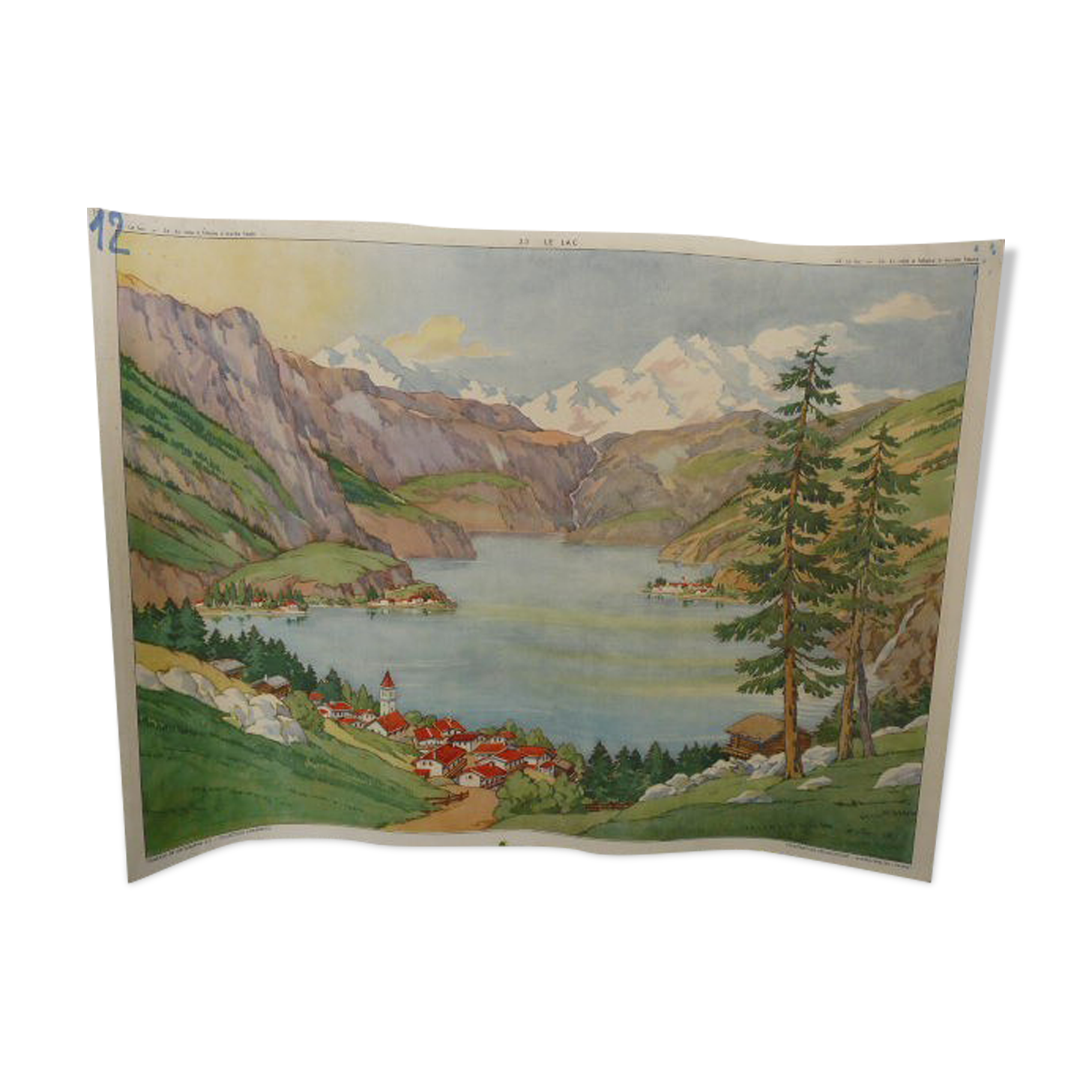 School poster Rossignol collection 50s, N° 33 and 34 the lake and the coast with cliff