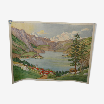 School poster Rossignol collection 50s, N° 33 and 34 the lake and the coast with cliff