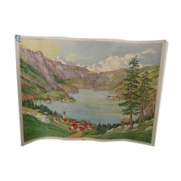 School poster Rossignol collection 50s, N° 33 and 34 the lake and the coast with cliff