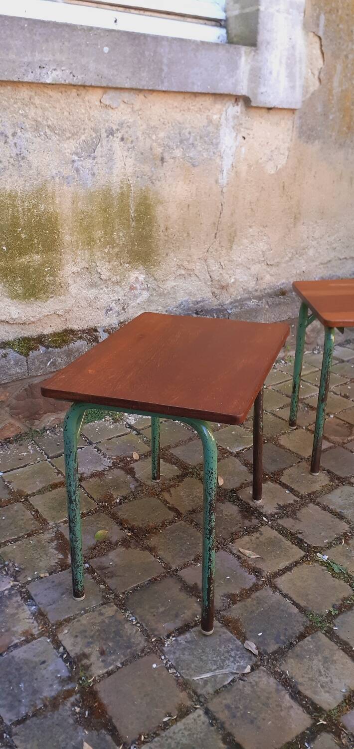 Pair of 1960s tables in tubular metal and solid teak