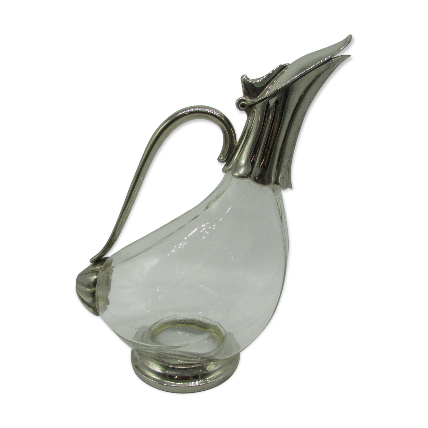 Decanter carafe glass and silver metal duck shape