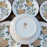 6 soup plates with orange and green flowers, Sologne porcelain, vintage