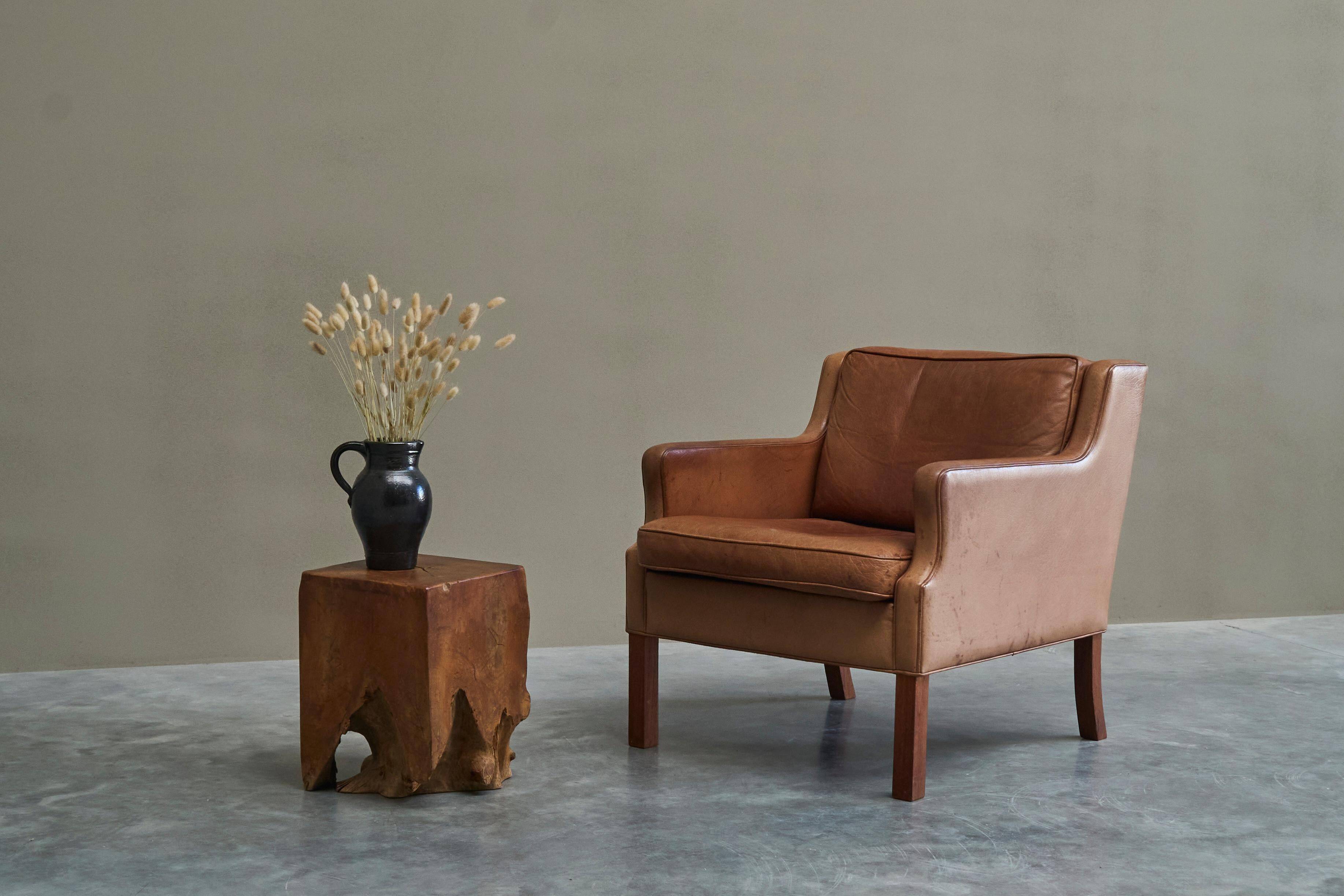 1970s patinated leather Scandinavian lounge chair