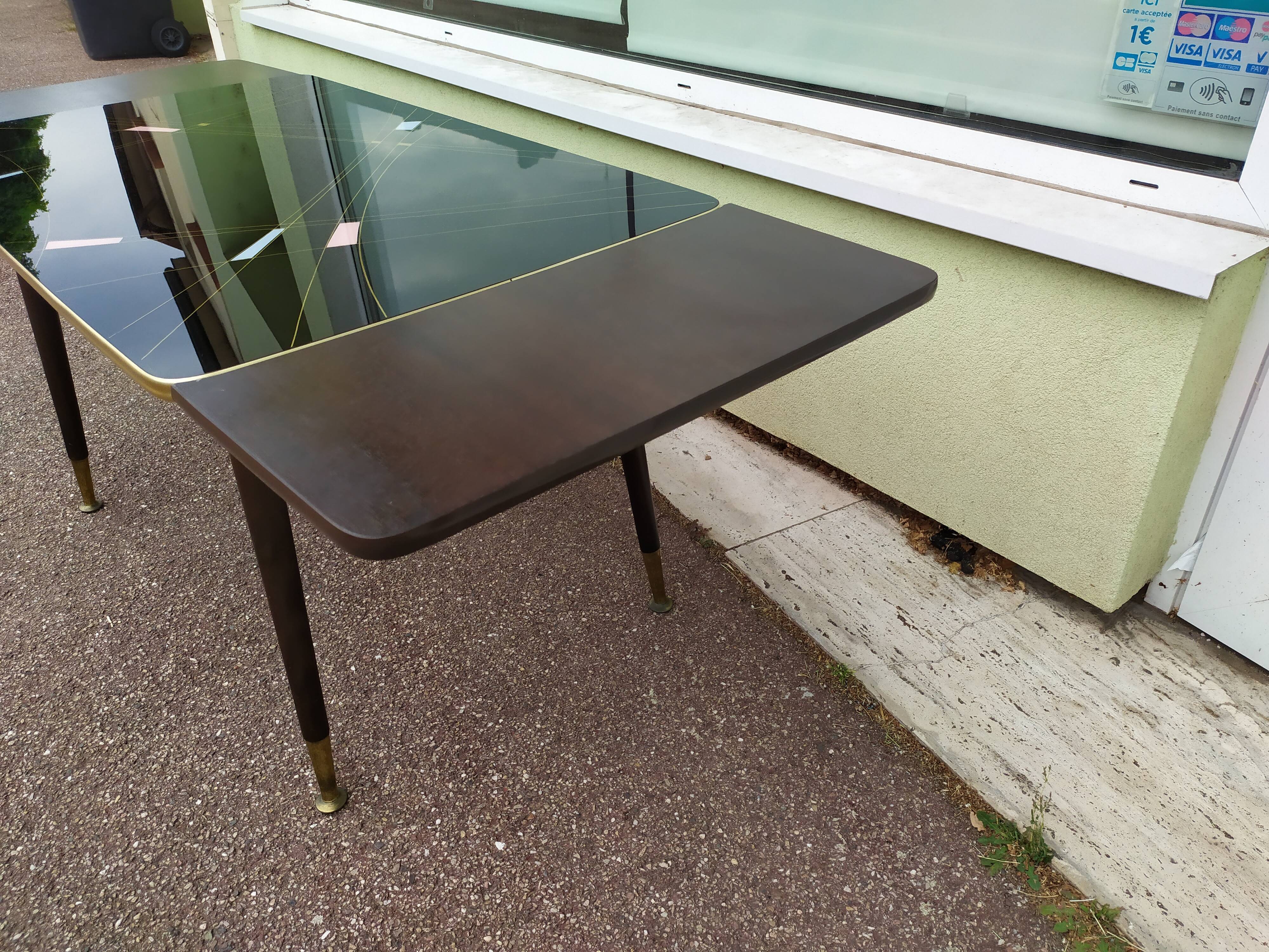 Table mid-low formica feet compass glass tray - vintage 1960