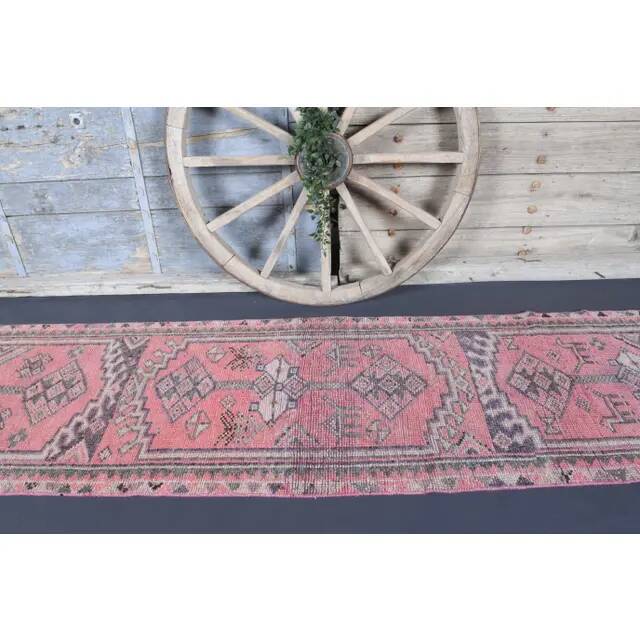 Vintage Turkish Oushak handmade wool cotton pink runner rug 84x379