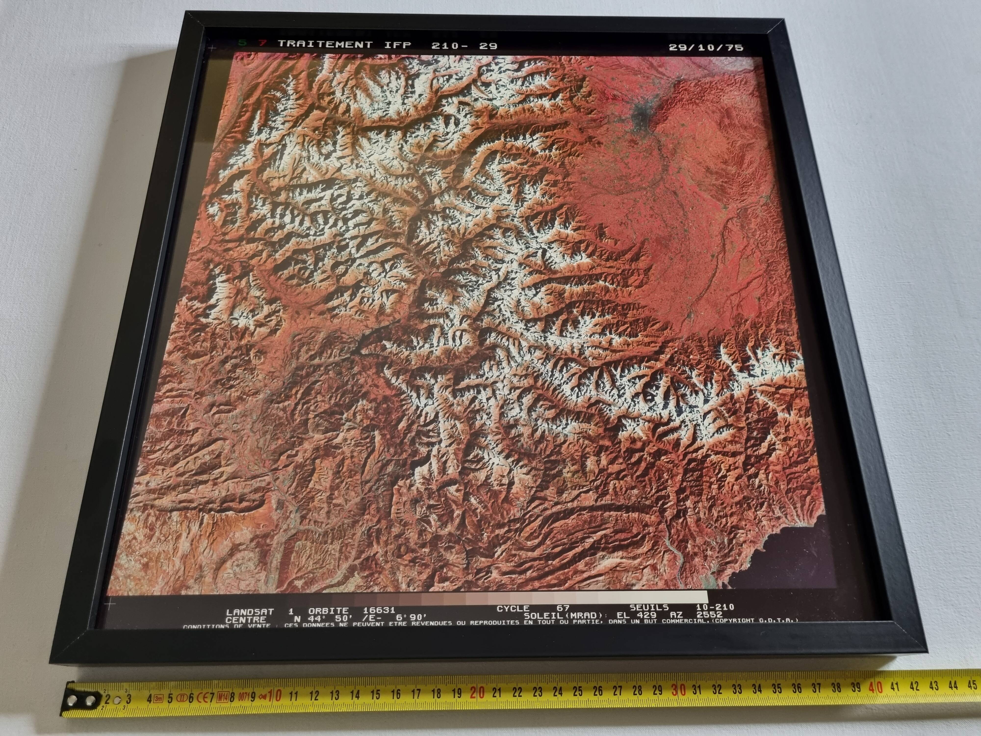 Framed Landsat 1975 satellite photograph, 42 cm