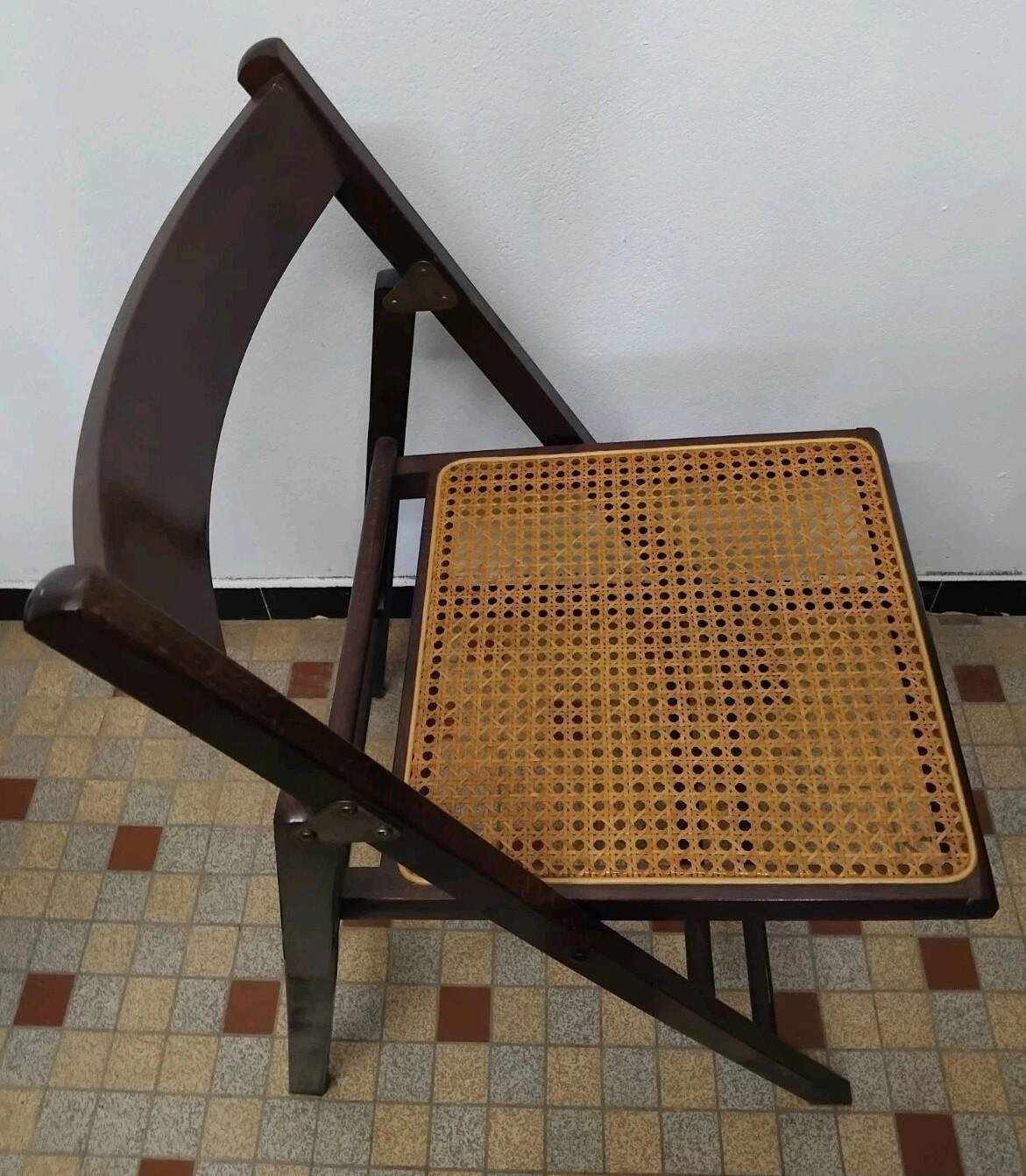 Set of 4 vintage 1970s folding chairs in wood and caning