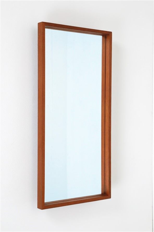 Minimalist teak wall mirror / Mid-century Danish modern design / 1960s / 1970s