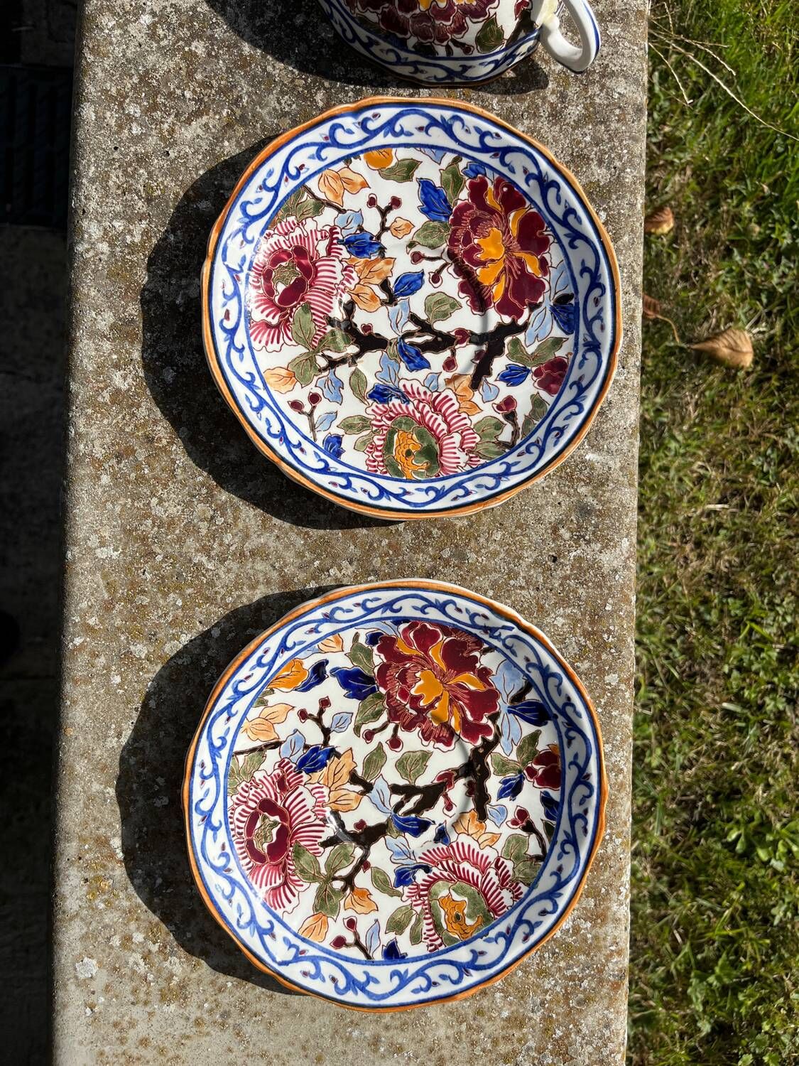 Gien earthenware tea cups and saucers with peony decor