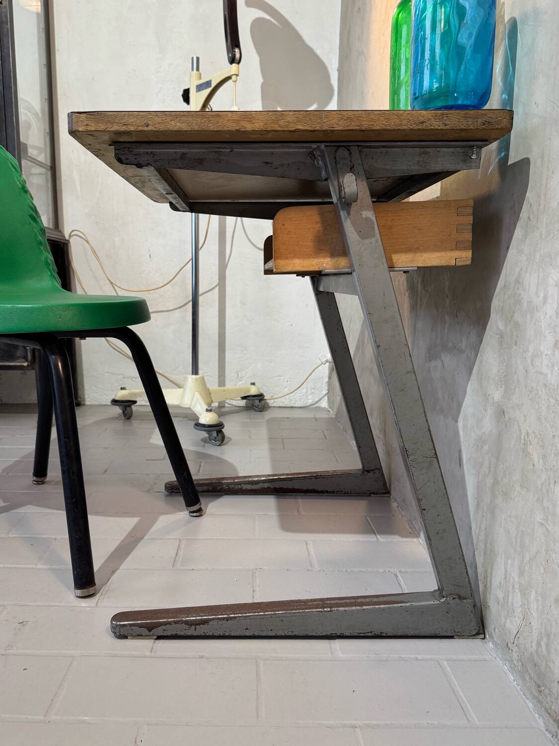Small vintage wood and iron school desk from 1960-1970