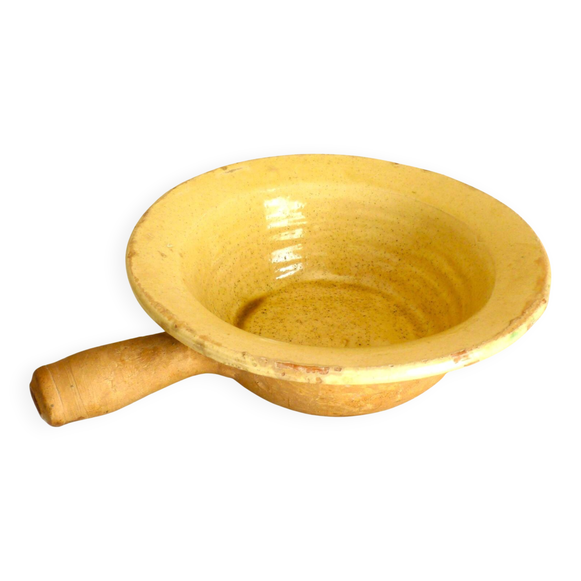 Frying pan, old caquelon, yellow glazed earthenware from the south of France.