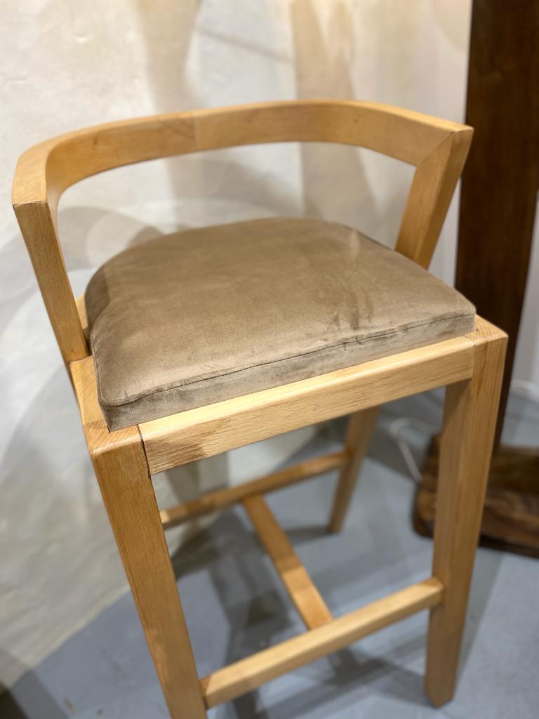 Wooden stool, beige velvet
