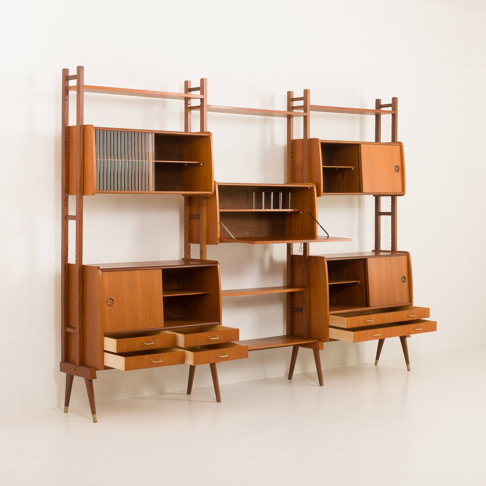 Scandinavian free-standing teak wall unit with 5 cabinets, Norway 1960s
