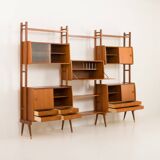 Scandinavian free-standing teak wall unit with 5 cabinets, Norway 1960s