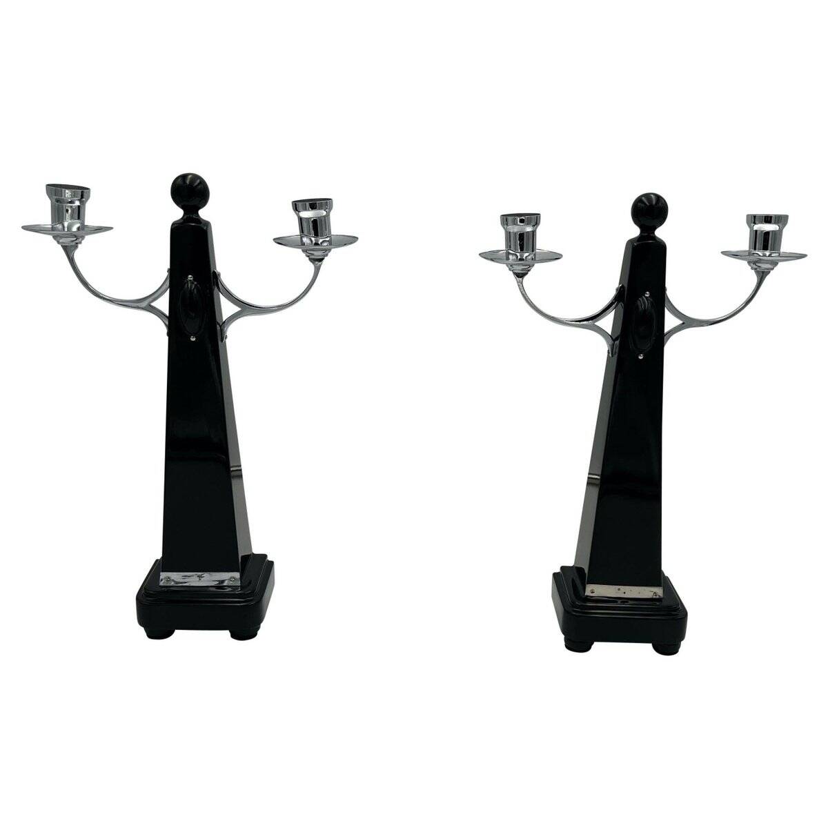 Art Deco Candlesticks in Black Lacquer, Oak & Nickel, Netherlands, 1930s, Set of 2