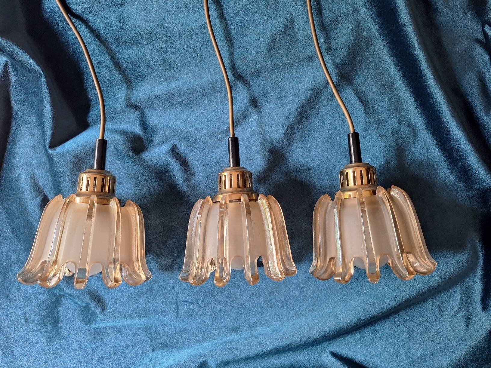 Set of 3 Doria pendant lights in brass and amber-coloured glass, 1960s