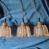 Set of 3 Doria pendant lights in brass and amber-coloured glass, 1960s