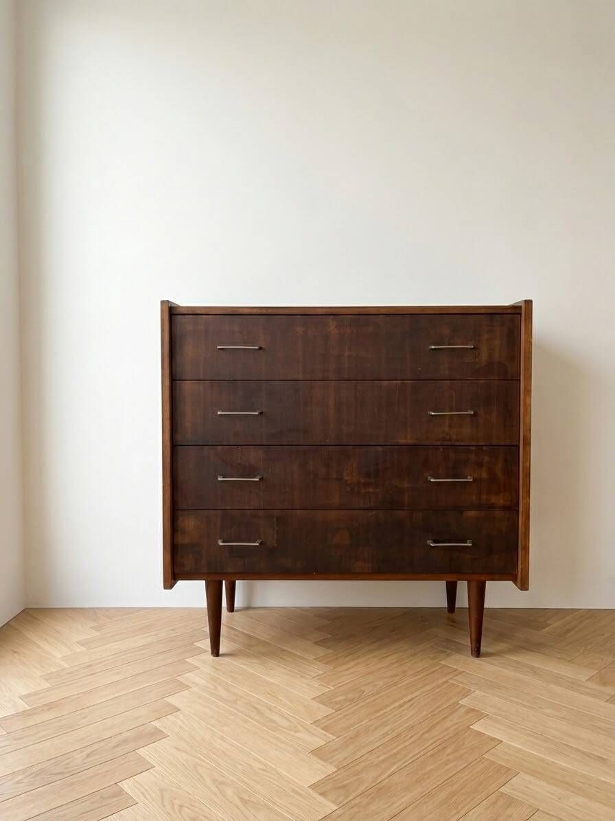 Commode vintage années 70 – 4 tiroirs – style scandinave – bois foncé