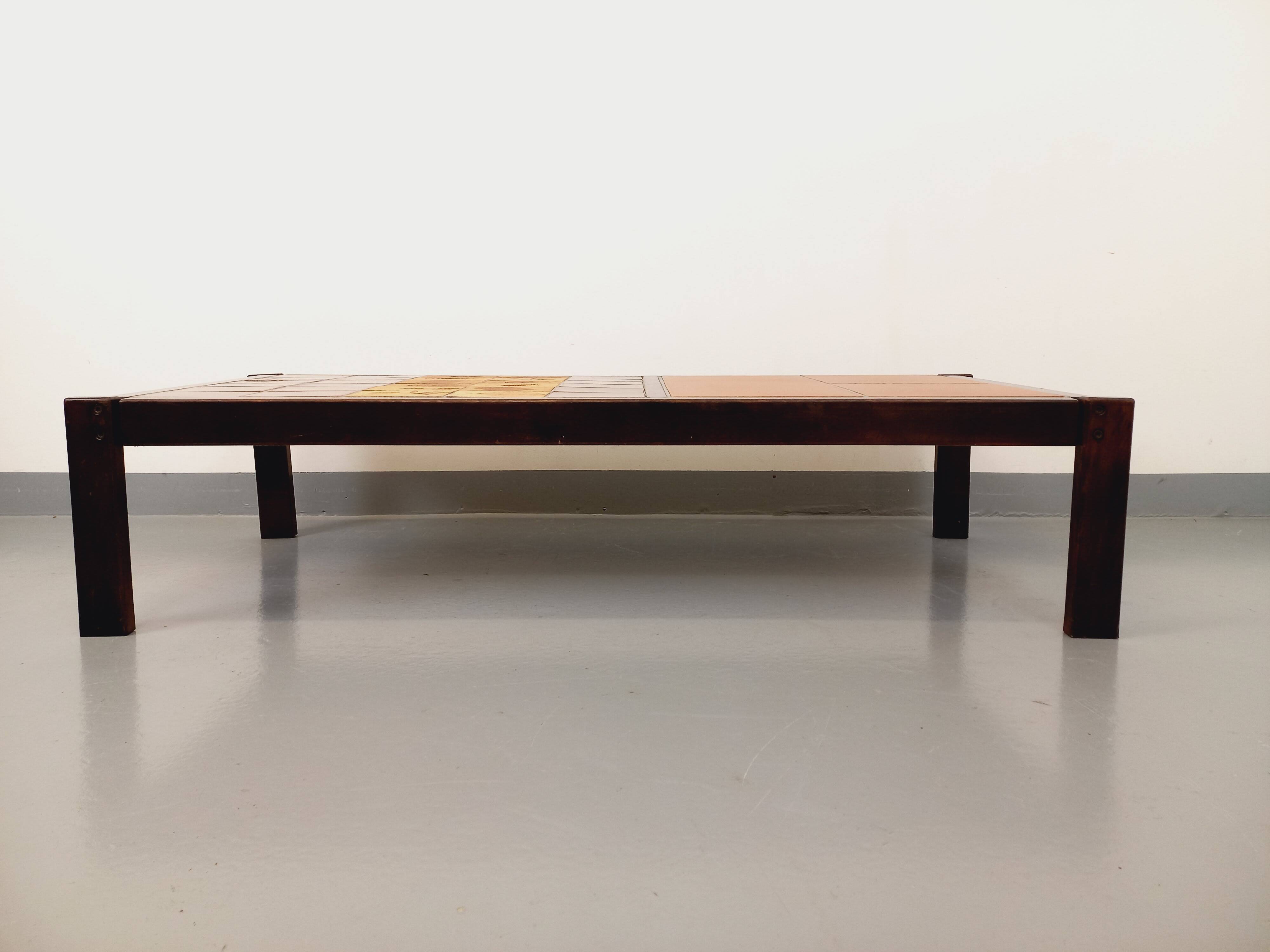 Vintage Roger Capron coffee table in dark wood and Vallauris ceramic from the 60s 70s