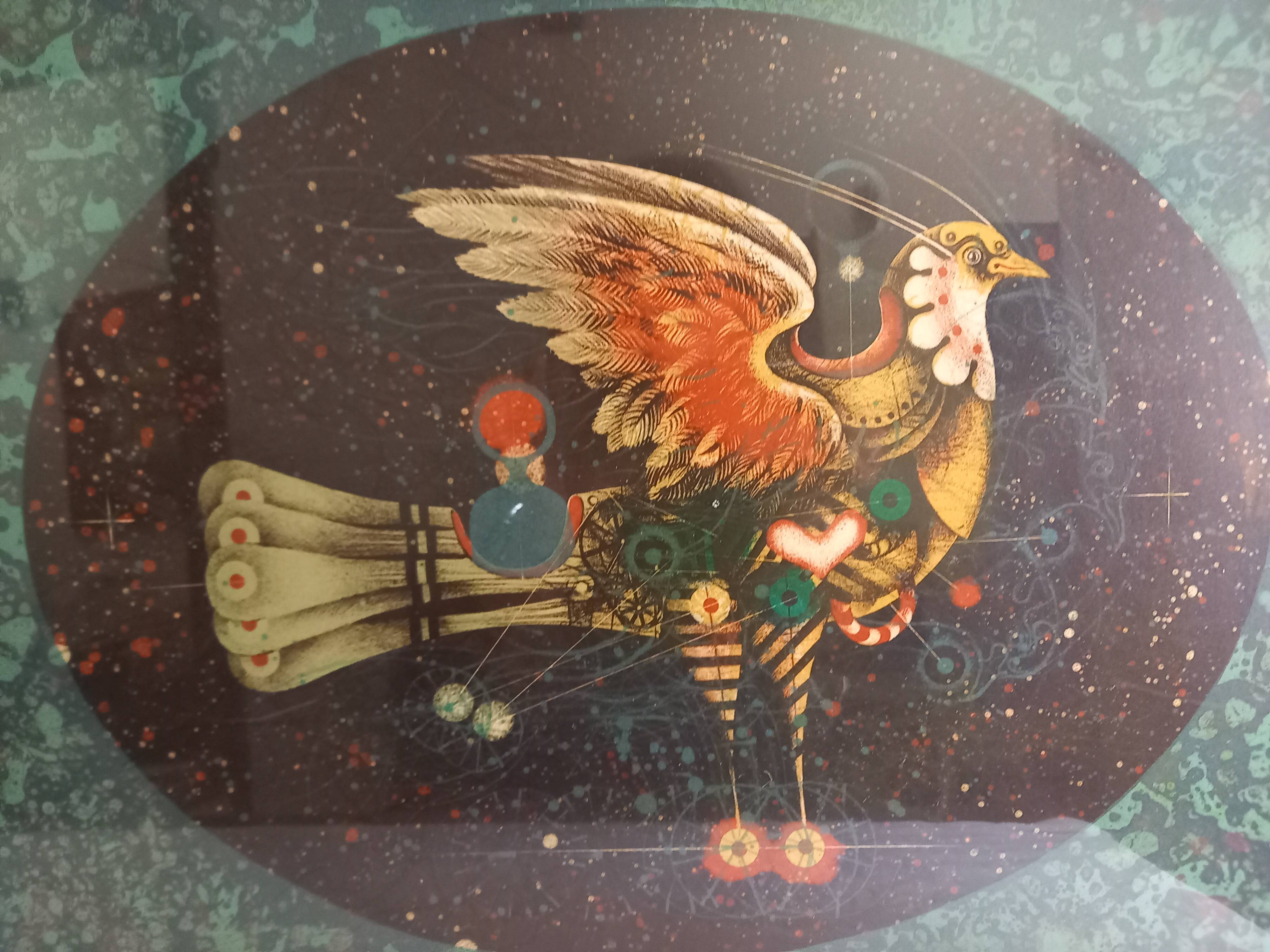 Original lithograph by Pierre-Henri Jacquot (1929-2009), Homage to Vaucanson, bird composition