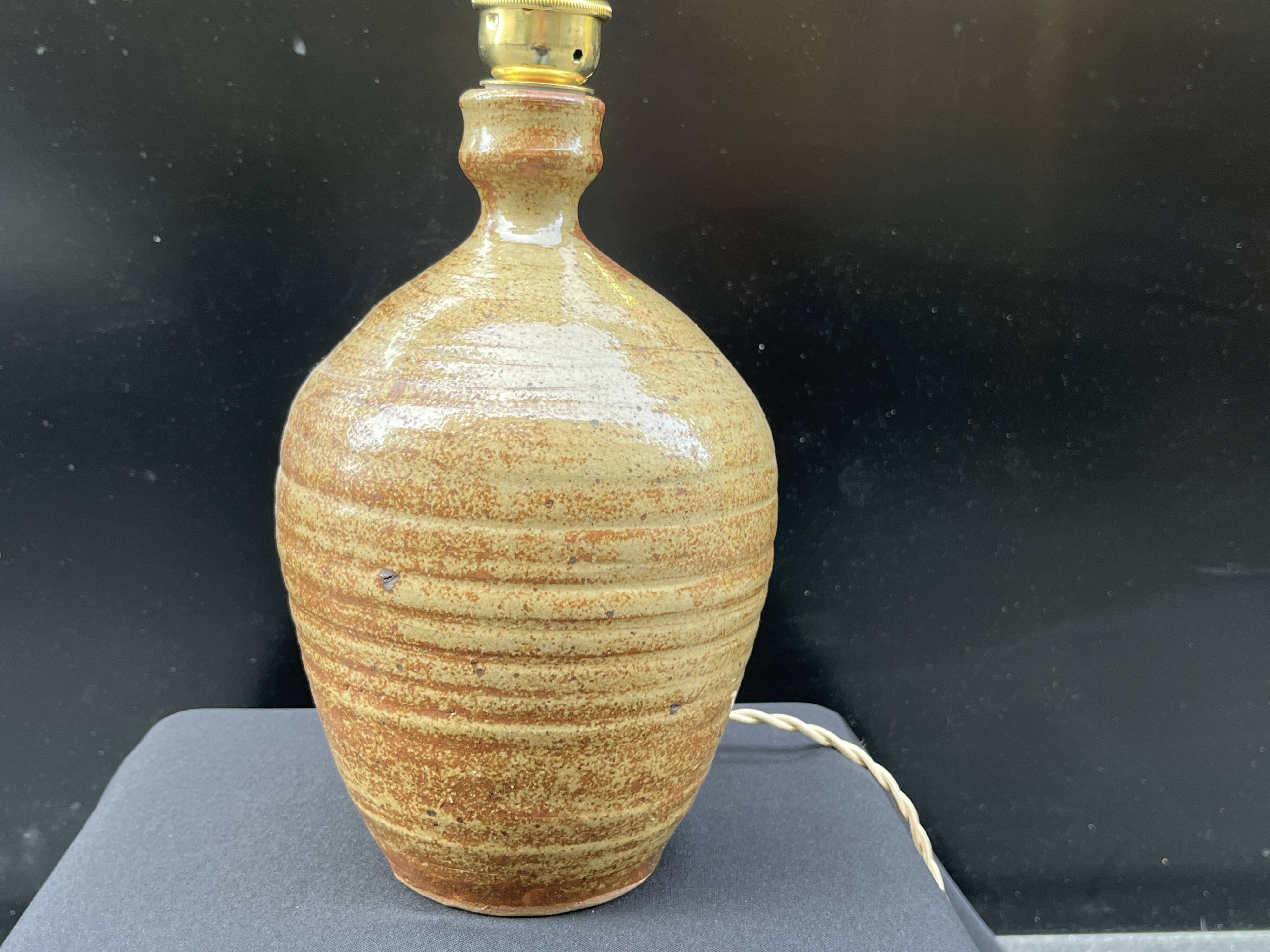 XXL Vintage Lamp Base in Beige Brown Stoneware with Raffia Lampshade 1970