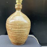 XXL Vintage Lamp Base in Beige Brown Stoneware with Raffia Lampshade 1970