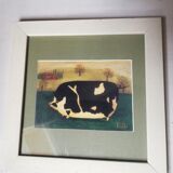 Black and white pig painting disgruntled signed E. B.
