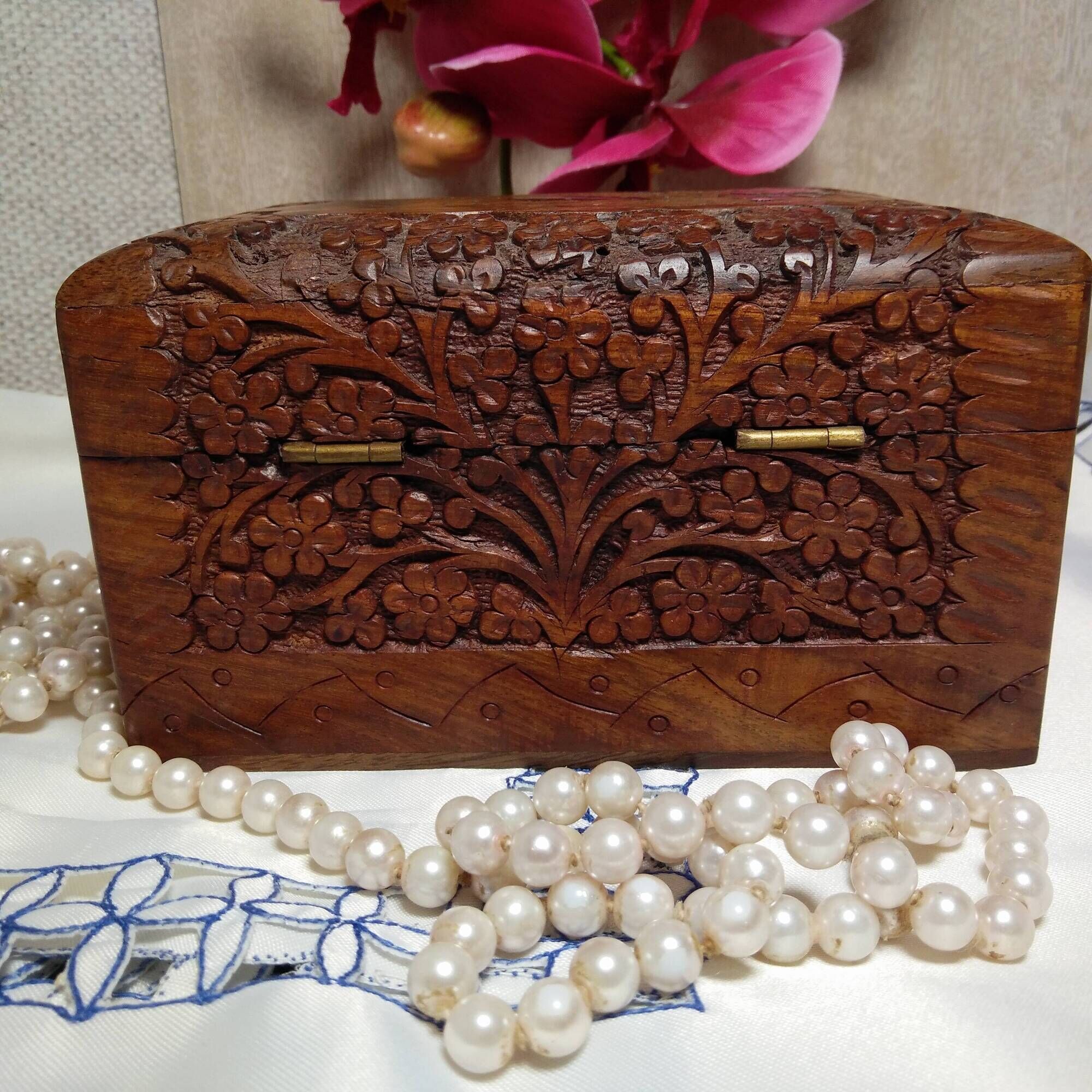 Ancient wooden jewelry box with mirror, engravings and brass décor,Asia India