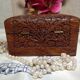 Ancient wooden jewelry box with mirror, engravings and brass décor,Asia India
