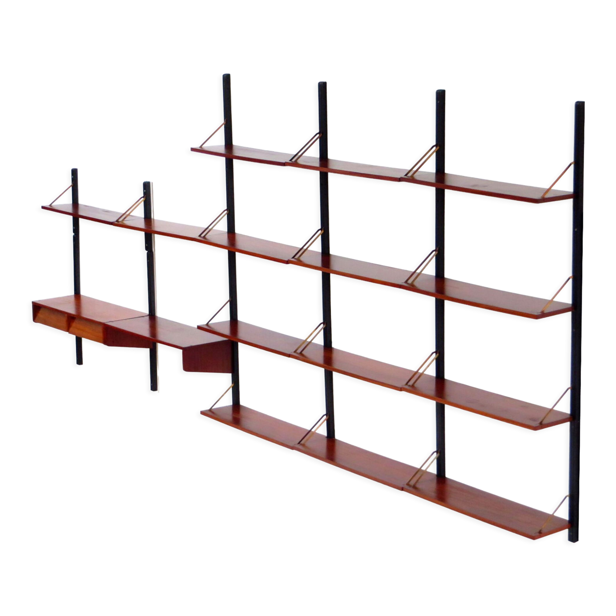 Mid century bookcase wall unit shelving system in teak with writing desk workstation, 1960s