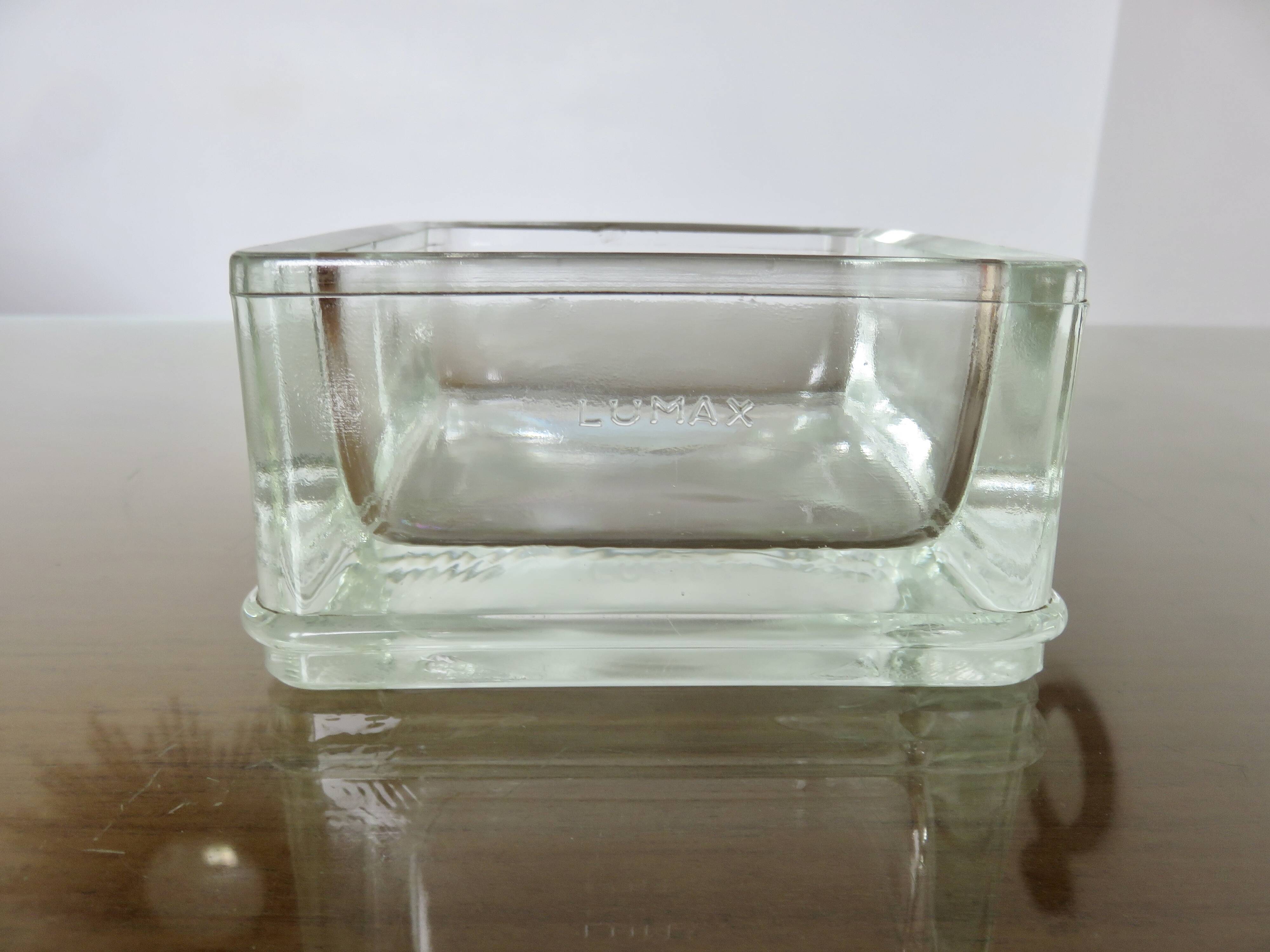 Glass slab, ashtray, pocket emptier, signed LUMAX, 1940s 50s.