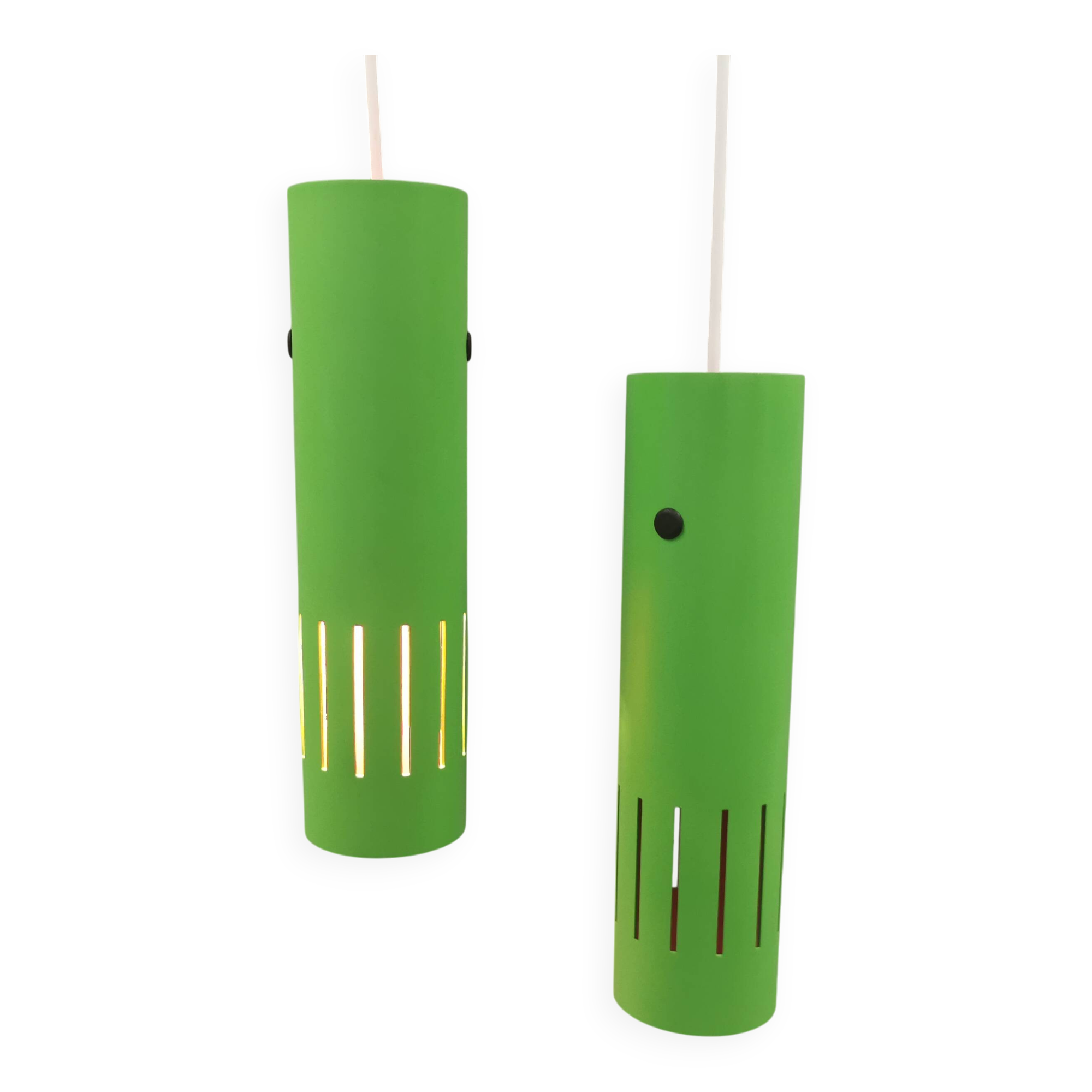 Trombone hanging lamps, refurbished, repainted in beautiful green colours