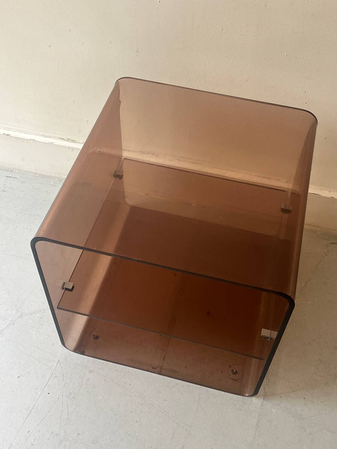 Side table/bedside table in smoked plexiglass, M.Dumas for Roche Bobois 1970