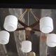 Teak and opaline pendant light, Scandinavian ceiling lamp, vintage wooden pendant with 5 lights, decor.