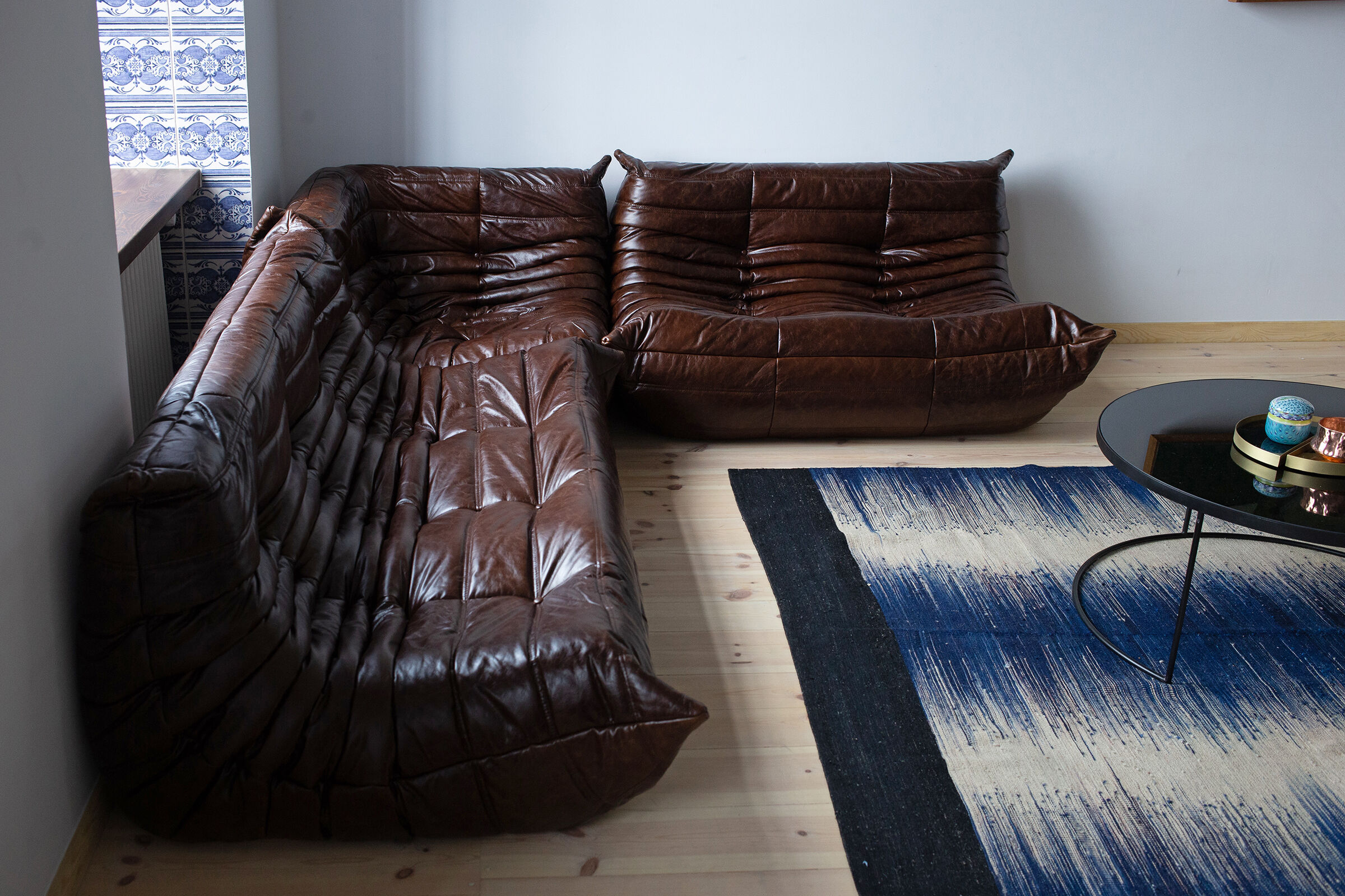 Set of 3 brown leather Togo sofas designed by Michel Ducaroy 1973