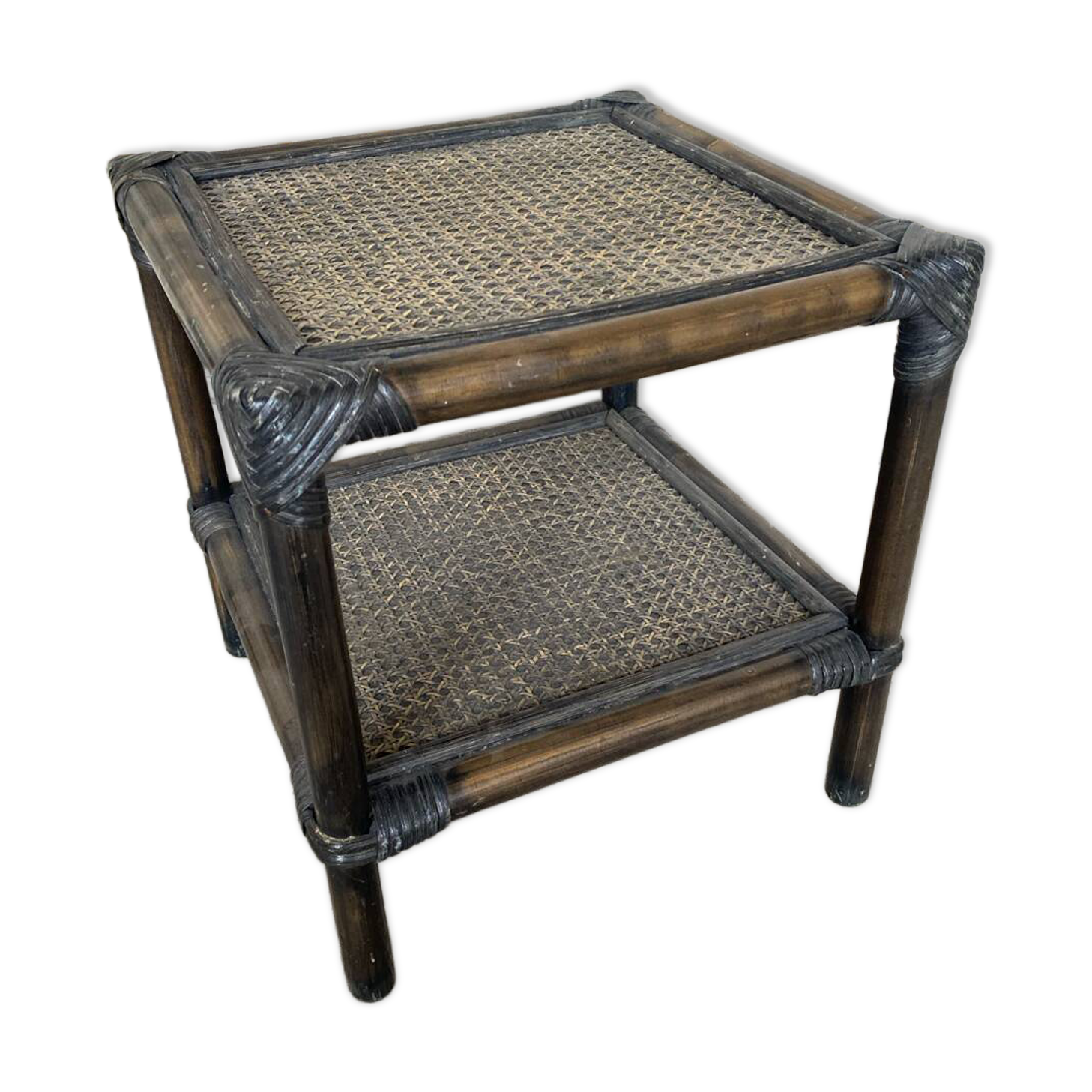 Bamboo Bedside Table + Caned Trays 1960 Vintage #D543