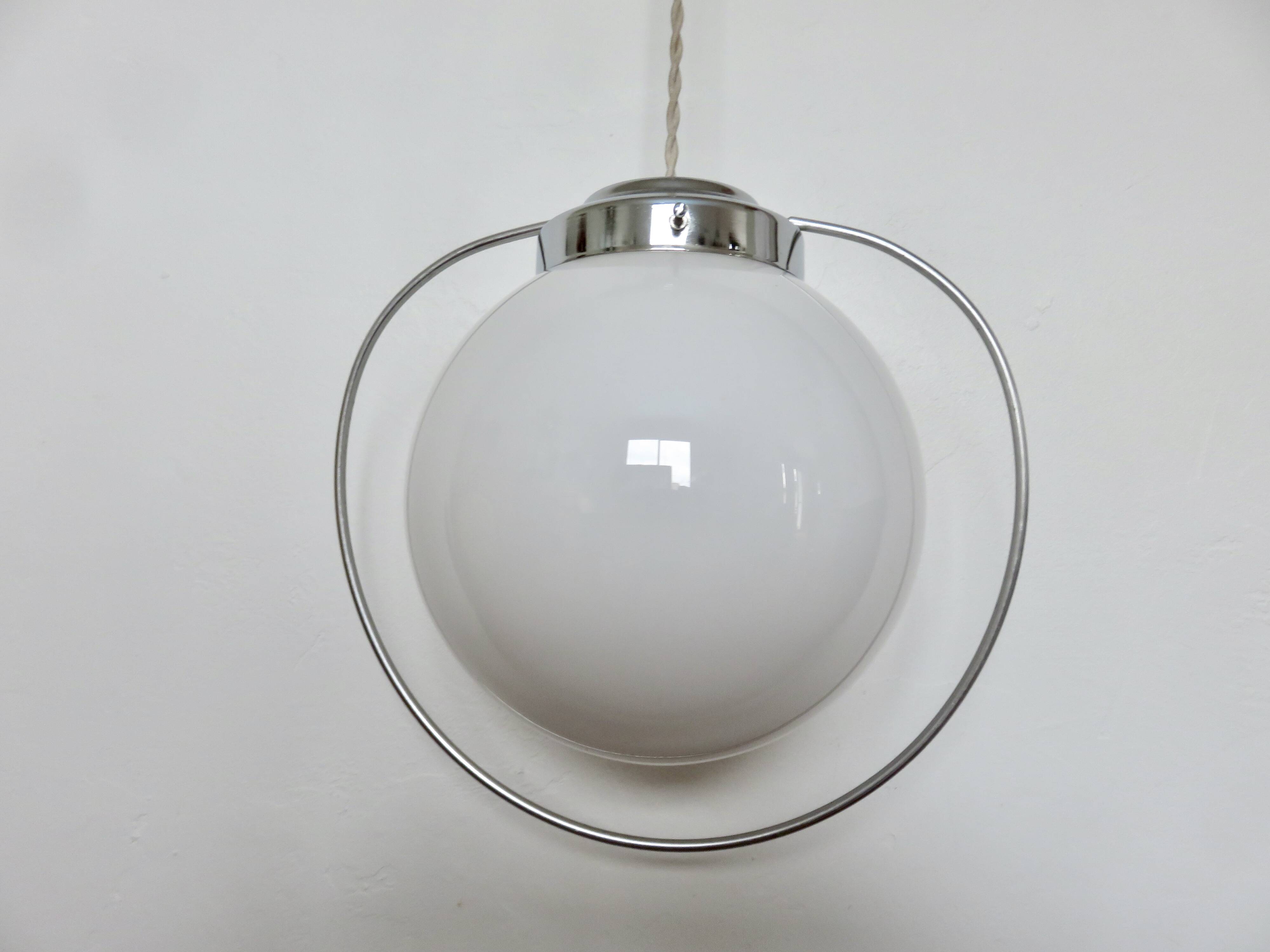 Art Deco pendant light in opaline and chrome-plated brass, 1930s-1940s