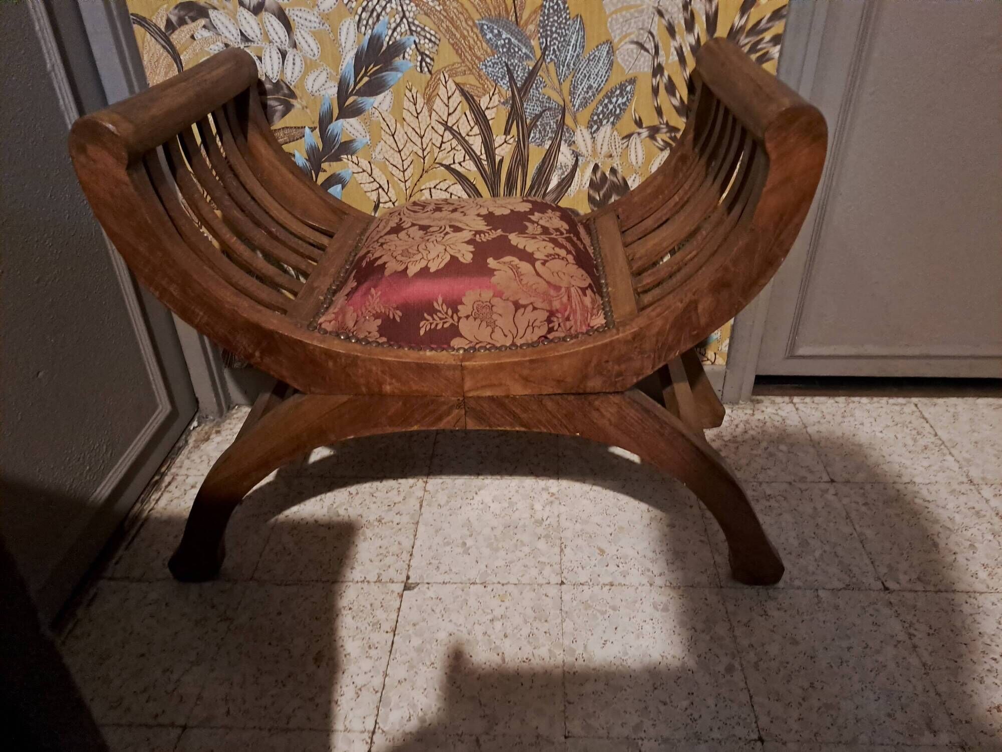 CURULE seat in antique Roman style, restored in teak wood and jacquard satin fabric