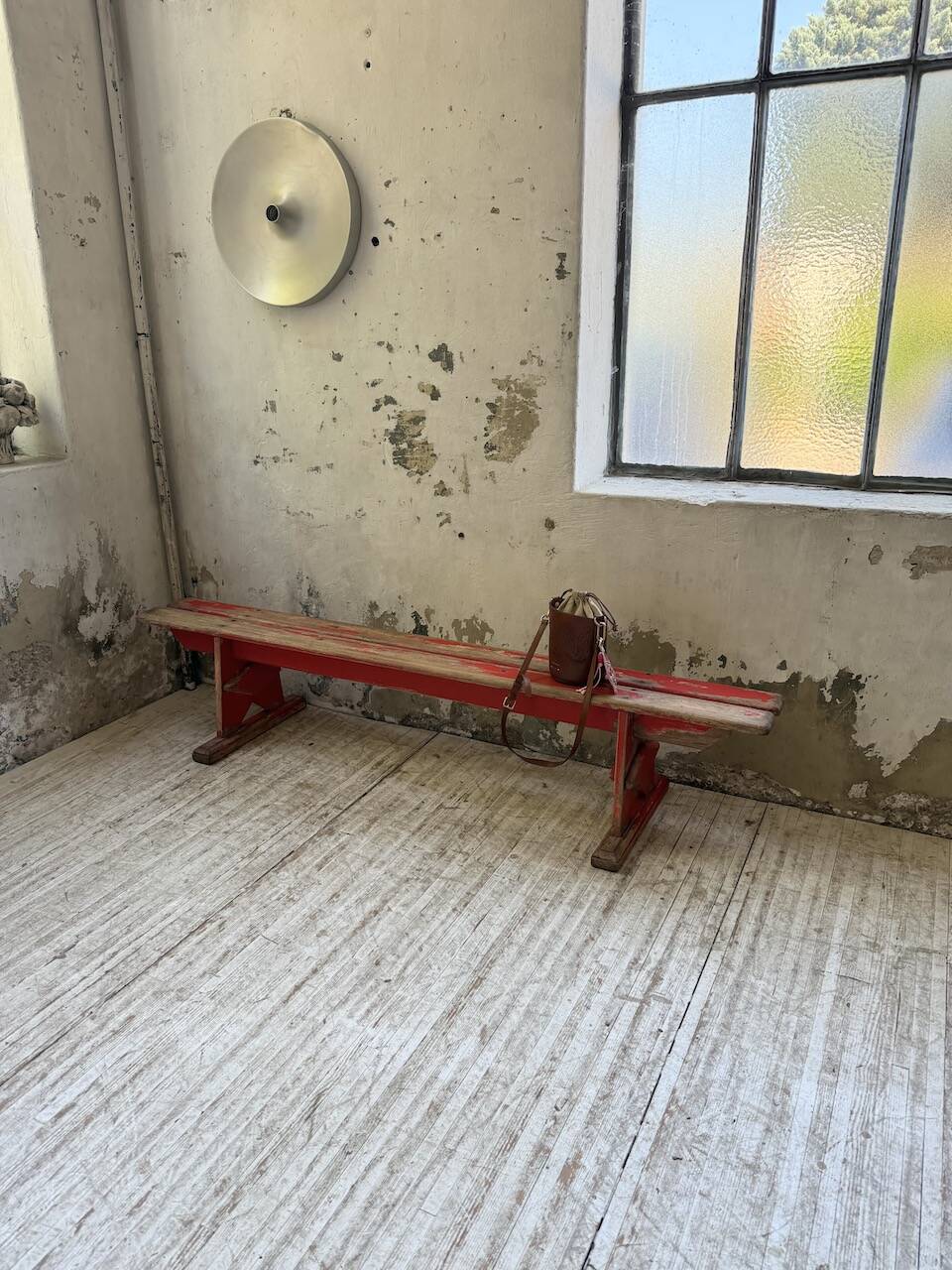 1950s oak bench with red patina, 2m