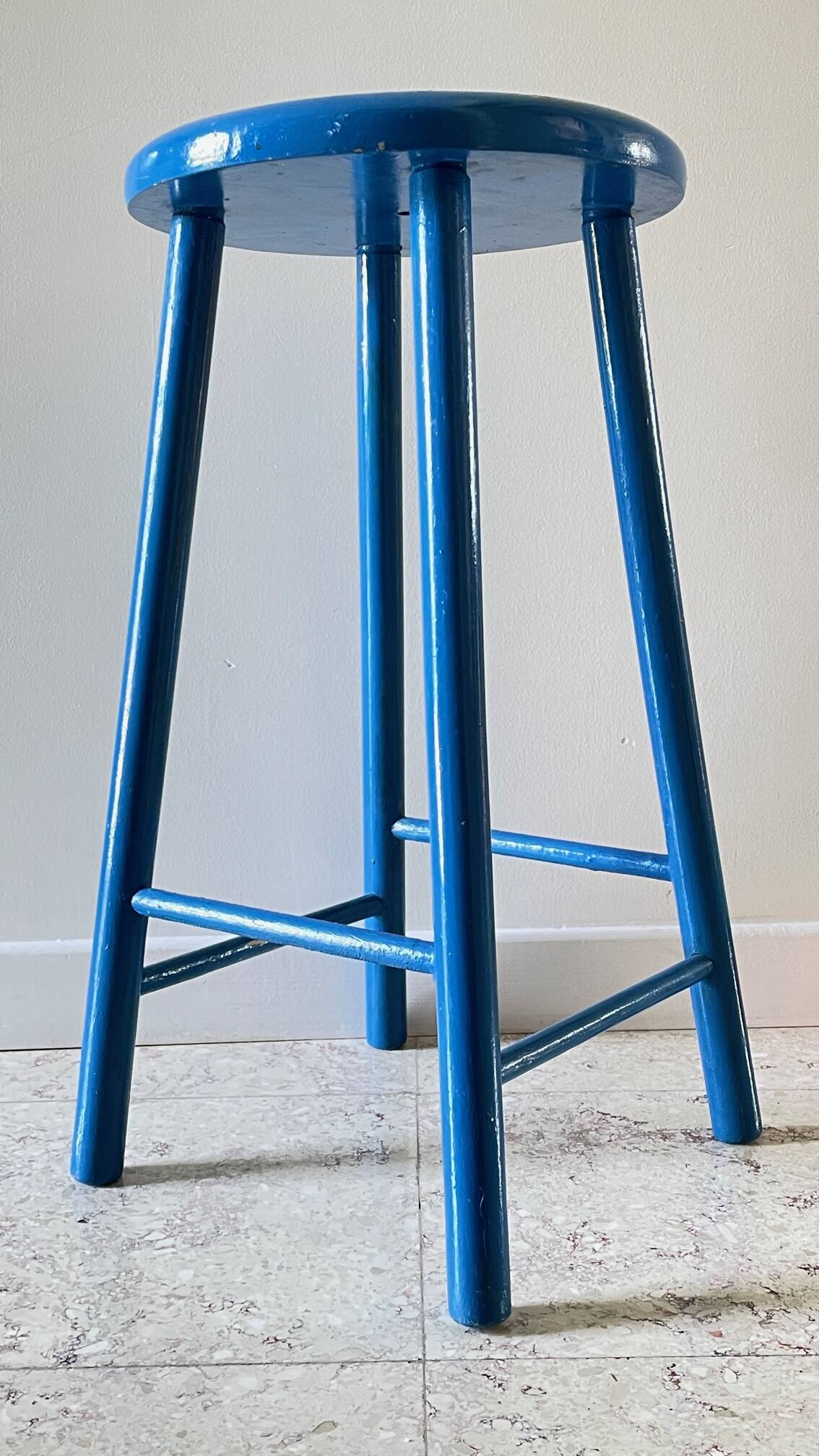 Vintage stool electric blue wood