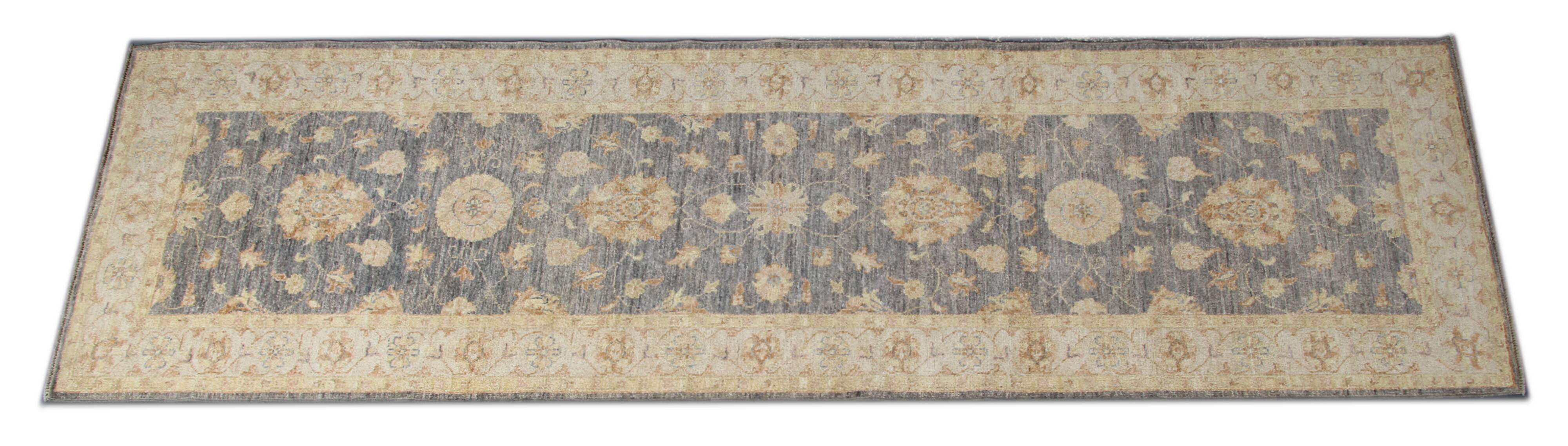 Oriental Grey Beige Stair Runner Rug, Wool Hand Knotted 81 x 295 cm