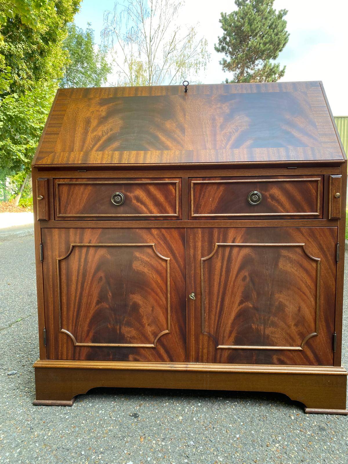 English solid wood donkey back writing desk, 20th century