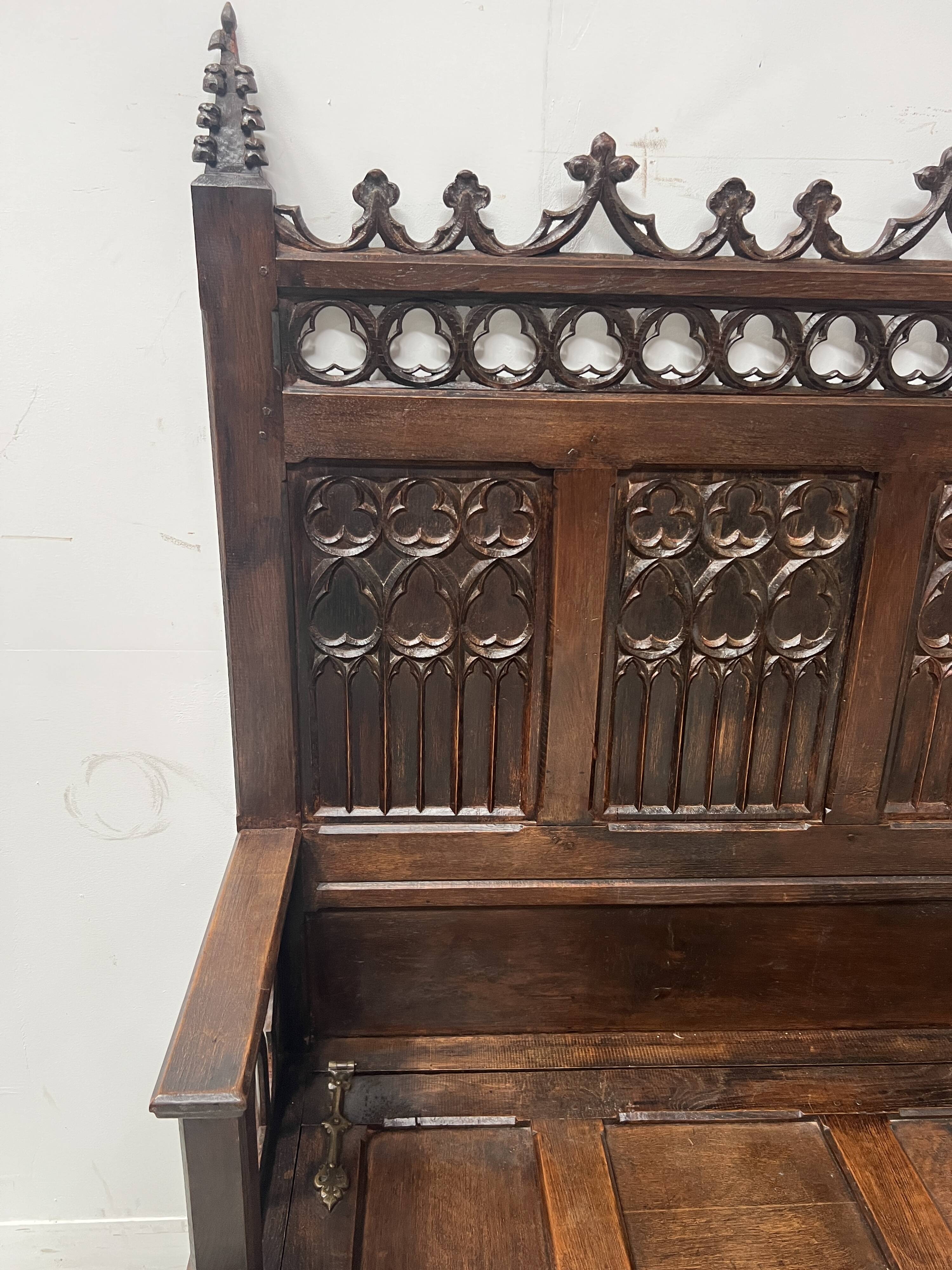 Gothic style carved oak chest bench, 19th century