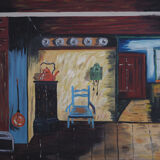 Painting „The Village House's Interior”, Scandinavian design, 1970s