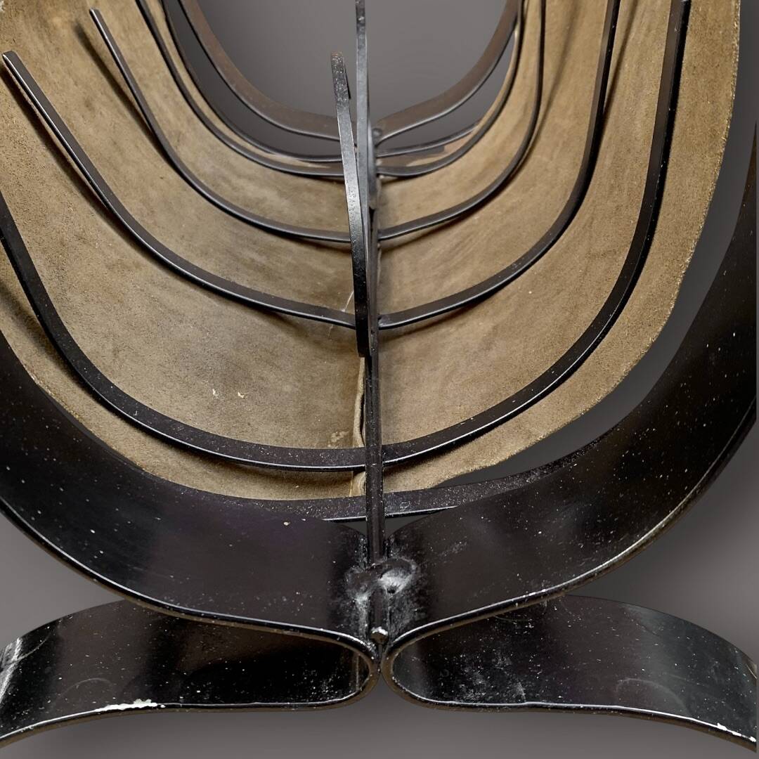 Antique wrought iron, wood and suede magazine rack - 4.1 kg - 1950s