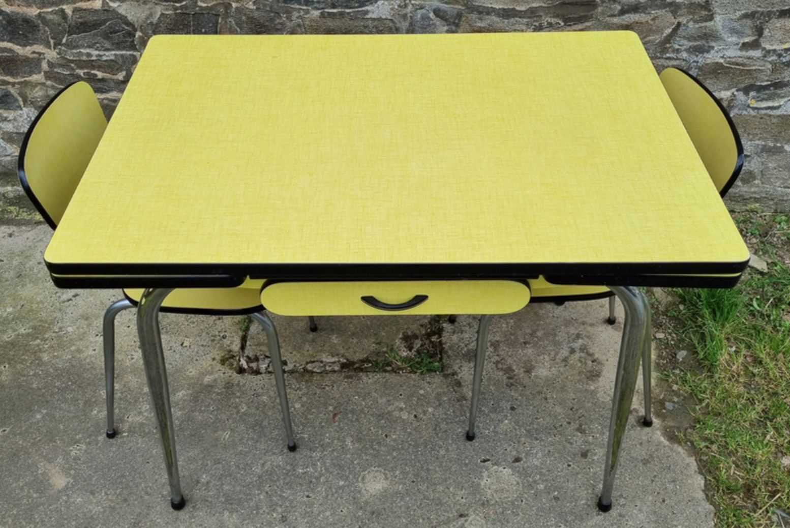 Yellow formica table, 4 formica chairs and 2 matching stools, vintage, 60s.