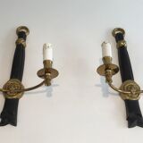 Pair of Black Lacquered Bronze Wall Lamps with Lions' Head Decorations. Around 1970